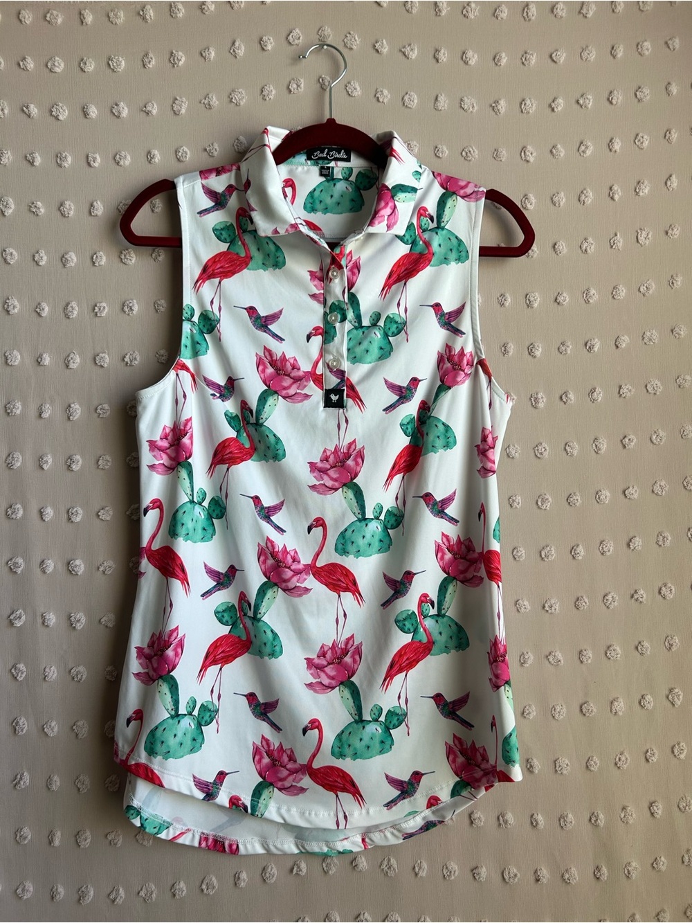 Bad Birdie Women’s Flock with Me Sleeveless Polo Sz L White Pink